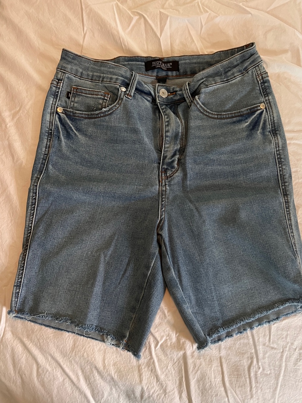 JUDY BLUE HIGH-RISE DENIM SHORTS - FRAYED HEM, LIGHT DISTRESSING LG